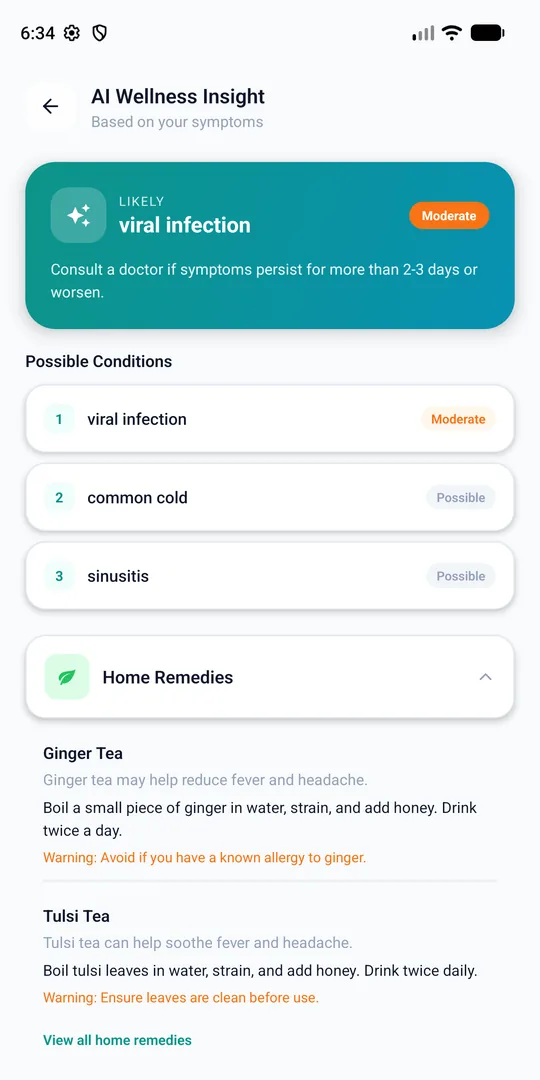 Aura showing an AI result: likely viral infection, possible conditions and home remedies