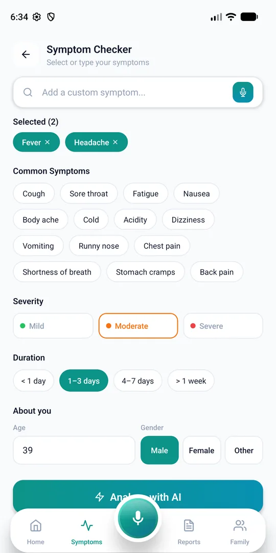 Symptom checker with fever and headache selected, moderate severity, 1 to 3 days
